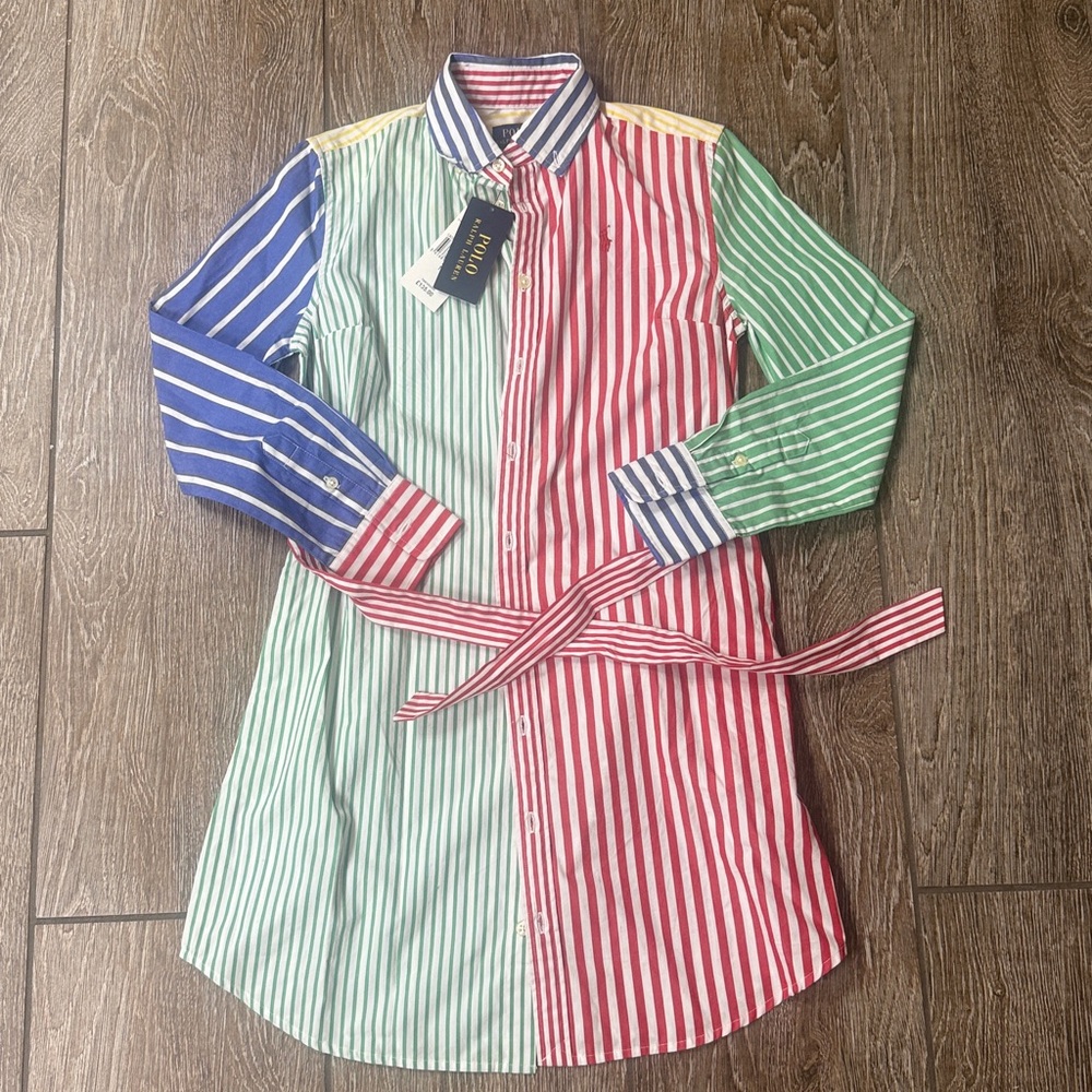 Polo Ralph Lauren Multi-Stripe Belted Poplin Shirt Dress Classic Preppy- sz 12